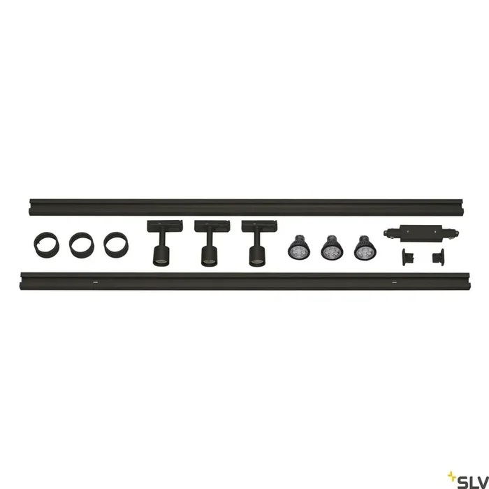 1 fase Hoogspanningsset, drie-vlam, LED GU10 51 mm, zwart, incl. 2×1 m Hoogspanning Schiene, 3x Purile bovenkop, longitudinale connector, 2 eindkappen, 3x decor, 3x LED GU10-lampen