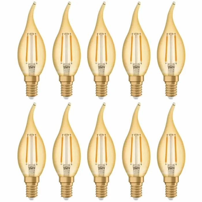10 x Osram LED Filament Vintage 1906 Windstoßkerze 1,5W = 12W E14 Gold 120lm extra warmweiß 2400K