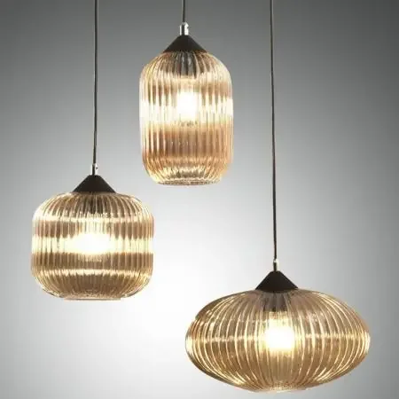 3-flammige Nordal Pendelleuchte Stilmix unterschiedliche Schirmgrößen geriffeltin Amber von Fabas Luce Sonderangebot