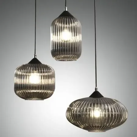 3-flammige Nordal Pendelleuchte Stilmix unterschiedliche Schirmgrößen geriffeltin Grau von Fabas Luce Ab Werk