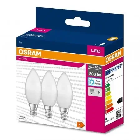 3er Pack OSRAM E14 LED Lampe in Kerzenform matt 7,5W wie 60W kaltweißes Licht 6500K Bestseller