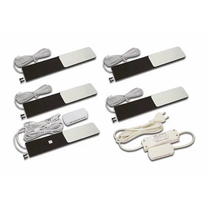 5er Set LED Unterbauleuchte S-PAD F, inkl. Steckertrafo + Touch-Dimmer + Verteiler, LED 24-Stecker, 5x 3W 3000K, schwarz