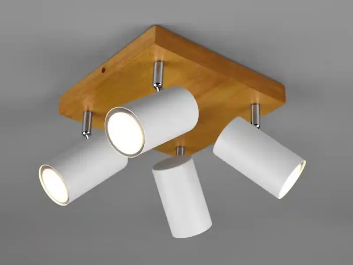 Abverkauf Trio Leuchten Deckenstrahler MARLEY Weiß mit Holz 4-flammig, Quadrat 22cm