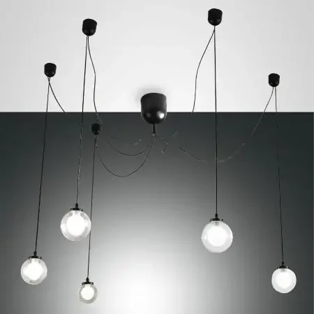 Blog 5-flammige dimmbare LED Pendelleuchte in Schwarz aus Borsilicatglas von Fabas Luce Markenware