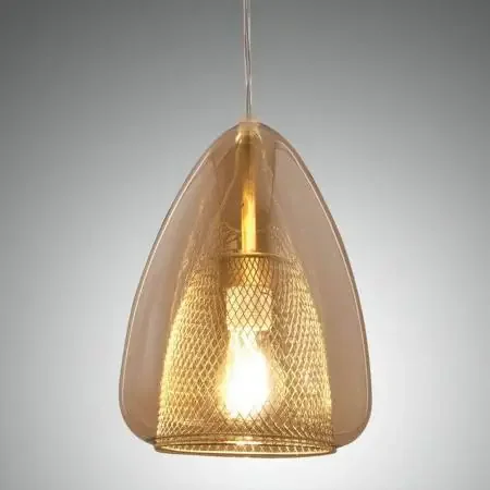 Britton Pendelleuchte in Amber aus Glas mit goldfarbenem Gitter-Inlay Ø22cm von Fabas Luce Saisonangebot