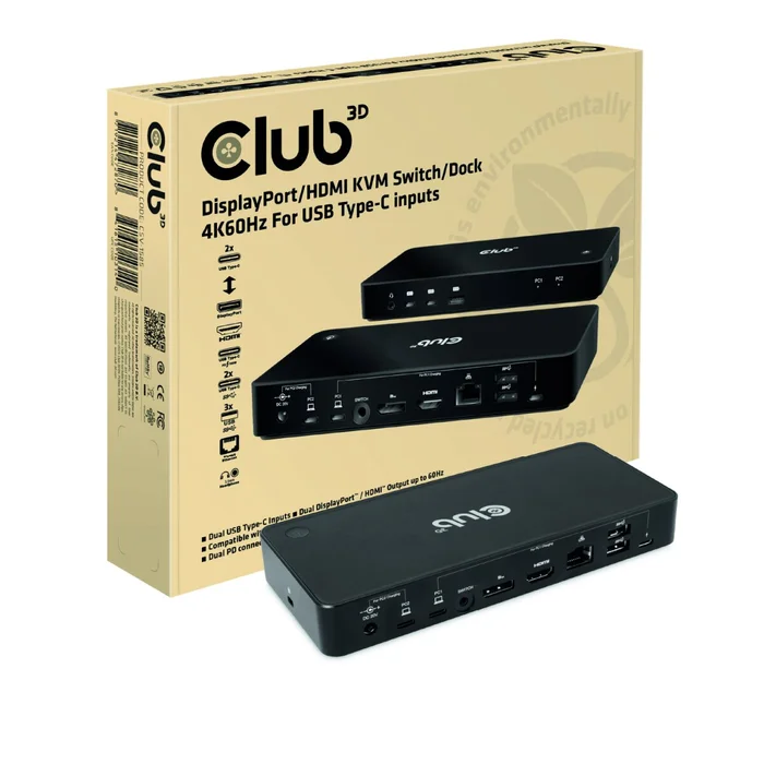 Club 3D Dockingstation – USB 3.2 Gen1 Typ-C, 2 Ports Hub mit Gigabit Ethernet / KVM Switch