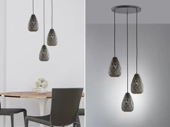 Echt Trio Leuchten Pendelleuchte ONYX 3-flammig mit Lasercut Muster Anthrazit innen Gold, Ø 35cm