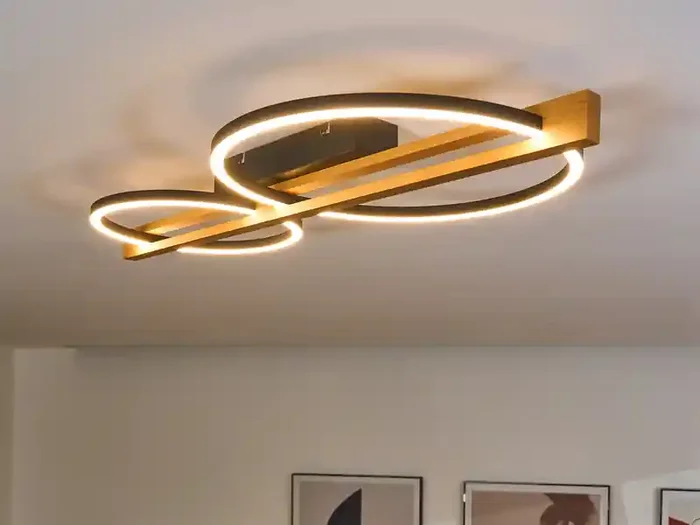 ECO-LIGHT Große LED Deckenleuchte TOVAK flach, Holzbalken mit Metallringen, Breite 76cm Heute Kaufen