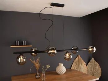 ECO-LIGHT Pendelleuchte NEPTUN 6 flammig Schwarz & Rauchglas 200cm lang, Breite 144cm