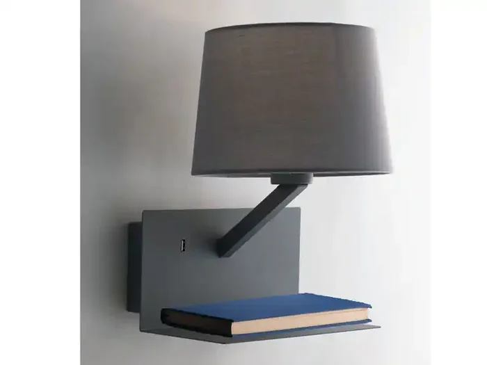 ECO-LIGHT Wandlampe CIAK Grau mit Stoff Lampenschirm, USB Lampe mit Ladefunktion & Ablage Exklusiv