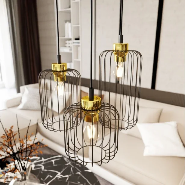 EMIBIG LED Deckenleuchte VANDER 3PREM Loft-Stil Höhe 140 cm 15 W 3-flammig Schwarz / Gold – ohne Leuchtmittel