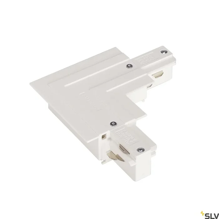 EUTRAC L-Verbinder, mit Einspeisemöglichkeit, für 3-Phasen Einbauschiene, Erde aussen, verkehrsweiss