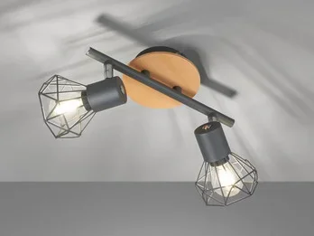 Fischer & Honsel Deckenstrahler RAN Grau / Holz 2-flammig, Gitterlampe schwenkbar, Breite 25cm