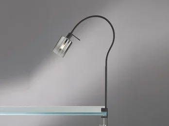 Fischer & Honsel Klemmlampe ISKA Rauchglas Schwarz, Schwanenhals Leselampe, Breite 8,5cm