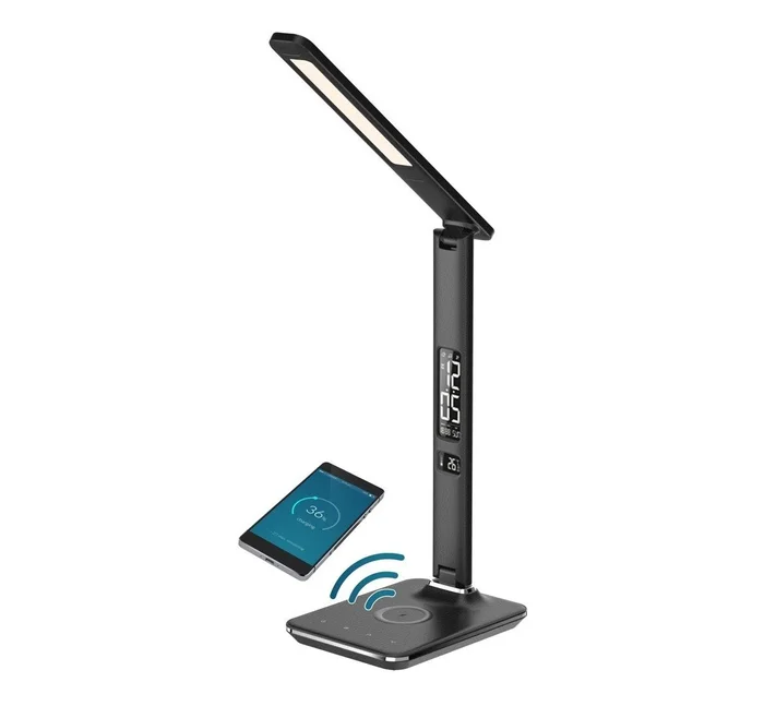 Immax 08965L LED Tischleuchte Kingfisher 36x85w | 400lm | 2700-5500k – dimmbar, Temperaturbeleuchtung, einstellbare Arm, Uhr, Thermometer, Wecker, schwarz