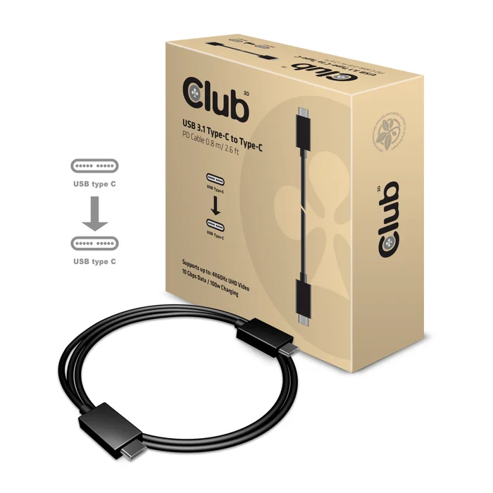 Kabel USB 3.1 Typ C (St) => Typ C (St) 0,8m 10Gbps 4K60Hz Power Delivery *Club 3D*