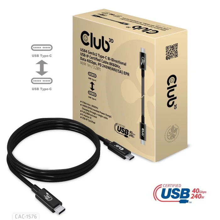 Kabel USB 4.0 C (St) => C (St) 1,0m *Club 3D* 240W 8K60Hz