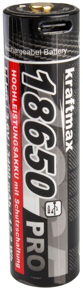 Kraftmax 18650 Pro Li-Ion Akku – 3400 mAh – USB-C aufladbar