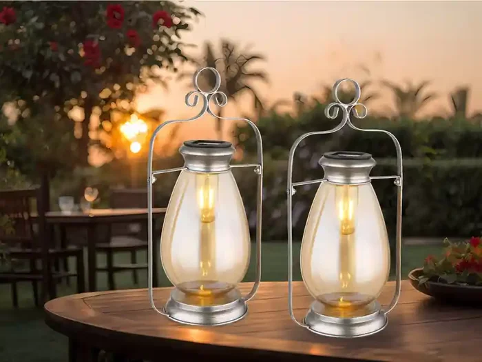 meineWunschleuchte 2er Set LED Solarlaternen Silber mit bernsteinfarbigem Lampenschirm, H 36,5cm Günstig