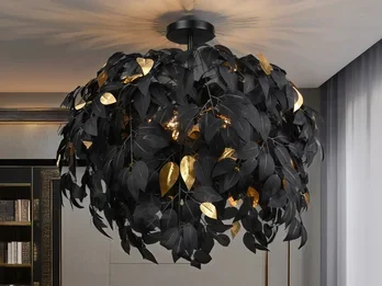 meineWunschleuchte Große LED Deckenleuchte mit Blätter Lampenschirm Schwarz-Gold, Ø 70cm