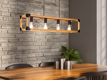 meineWunschleuchte LED Balken Pendelleuchte 4 flammig Schwarz mit Holzbalken, Breite 100cm