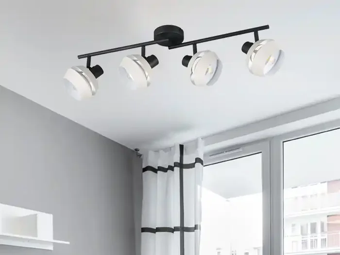 meineWunschleuchte LED Deckenstrahler 4-flammig Schwarz, Metallschirme Grau, Breite 72cm Ausverkauf