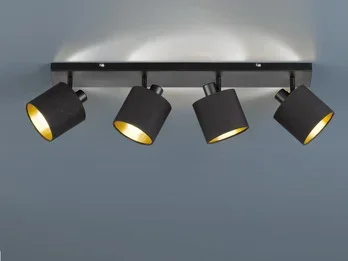 meineWunschleuchte LED Deckenstrahler 4-flammig Schwarz, Stoffschirme Schwarz Gold, Breite 70cm
