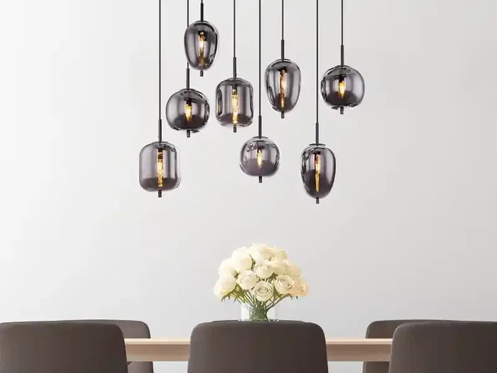 meineWunschleuchte LED Pendelleuchte mit 8 Rauchglaskugeln Metall Schwarz, Breite 94cm Sichere Zahlung