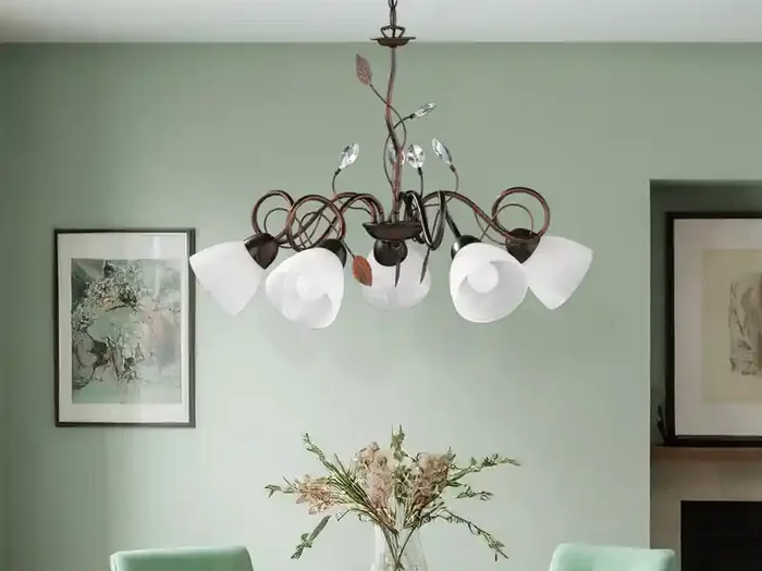Original meineWunschleuchte LED Pendelleuchte 5-flammig mit Glasschirmen und Kristalldeko Ø 70cm
