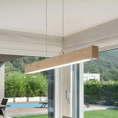 Preisreduziert Balkenförmige 110cm lange Eichenholz LED-Pendelleuchte Badia dimmbar mit Ober- und Unterlicht von Fabas Luce