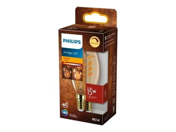Signify Philips Vintage Glühbirne mit LED-Filament Form: B35 klar Finish E14 2.5 W (Entsprechung 15 W)