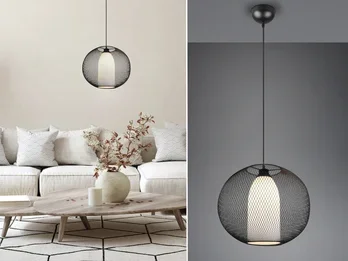 Trio Leuchten Pendelleuchte FILO 1-flammig Metall Gitterschirm Schwarz mit Opalglas, Ø 40cm