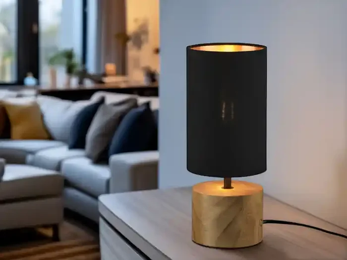 Zertifiziert meineWunschleuchte LED Tischleuchte mit Holzfuß & Stoffschirm Schwarz Gold, Höhe 30cm