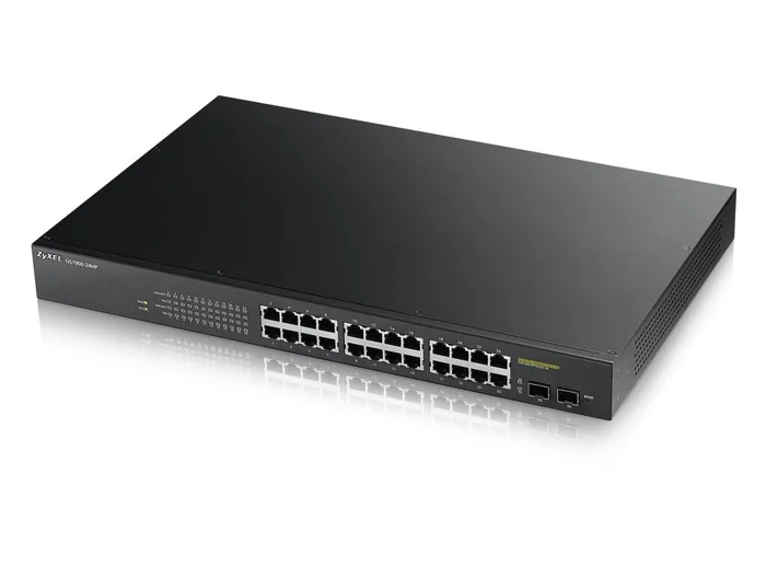 Zyxel Switch smart managed Layer2 26 Port • 24x 1 GbE • PoE Budget 170 Watt • 24x PoE at • 2x SFP • 19″ • GS1900-24HPV2
